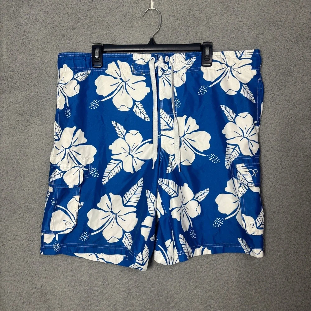 Ocean Pacific Mens Blue White Hibiscus Floral Board Shorts Swim Trunks M 32-34